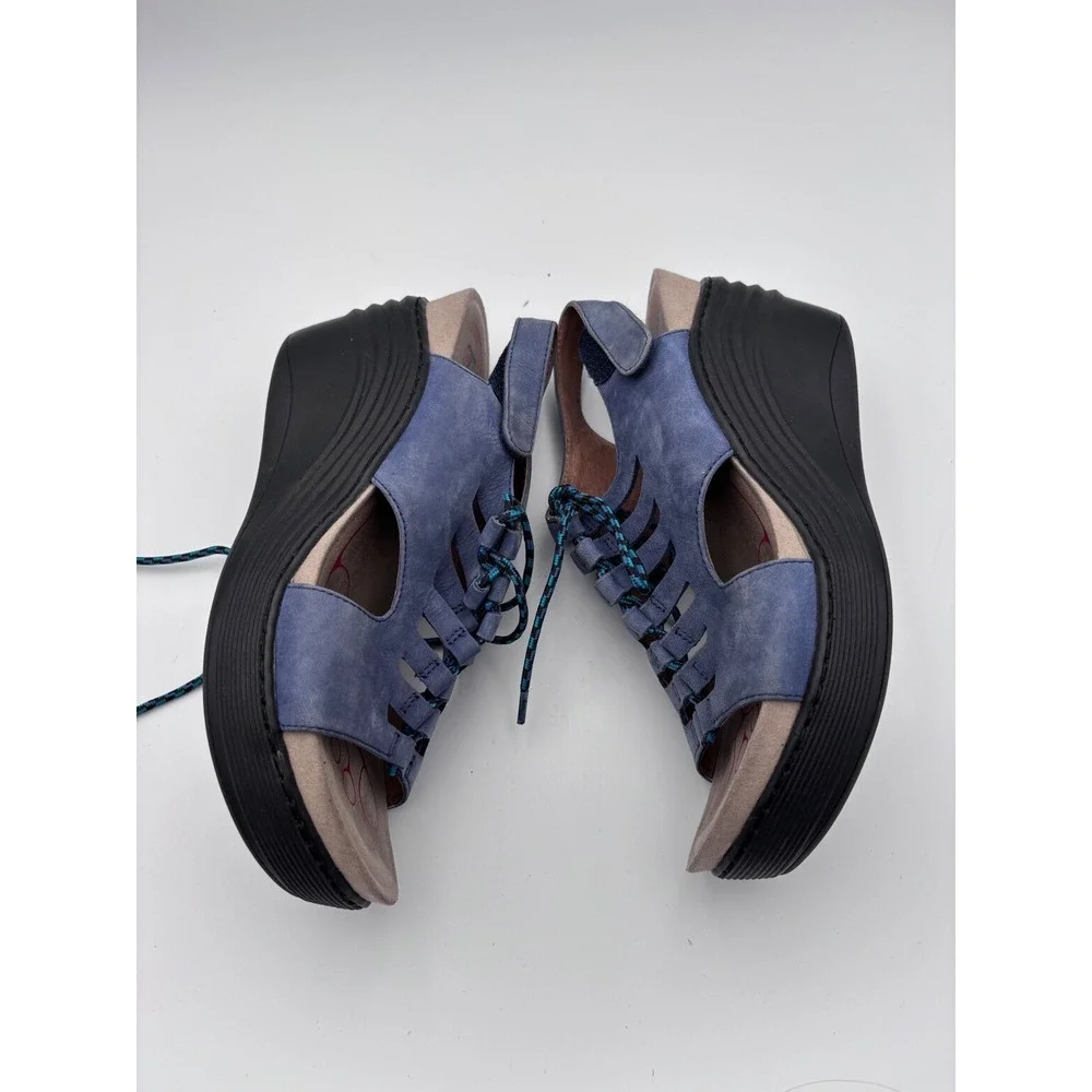 Bionica Blue‎ Leather Wedge Sandals Womens 9 M Bungee Lace Up Gladiator 4552207